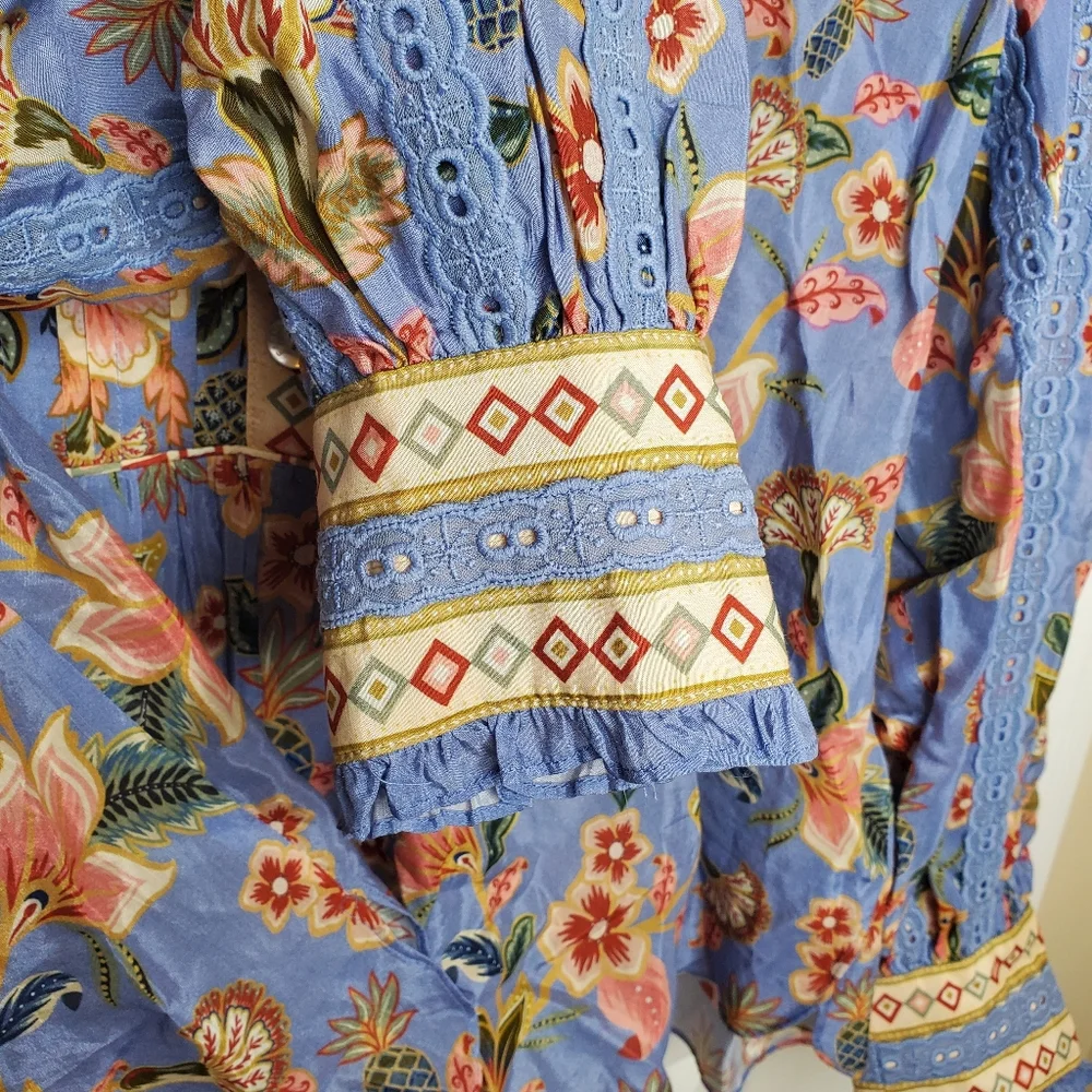 Farm Rio Superbloom Tapestry Top Boho Feminine Blue Small 253 - Picture 5 of 10